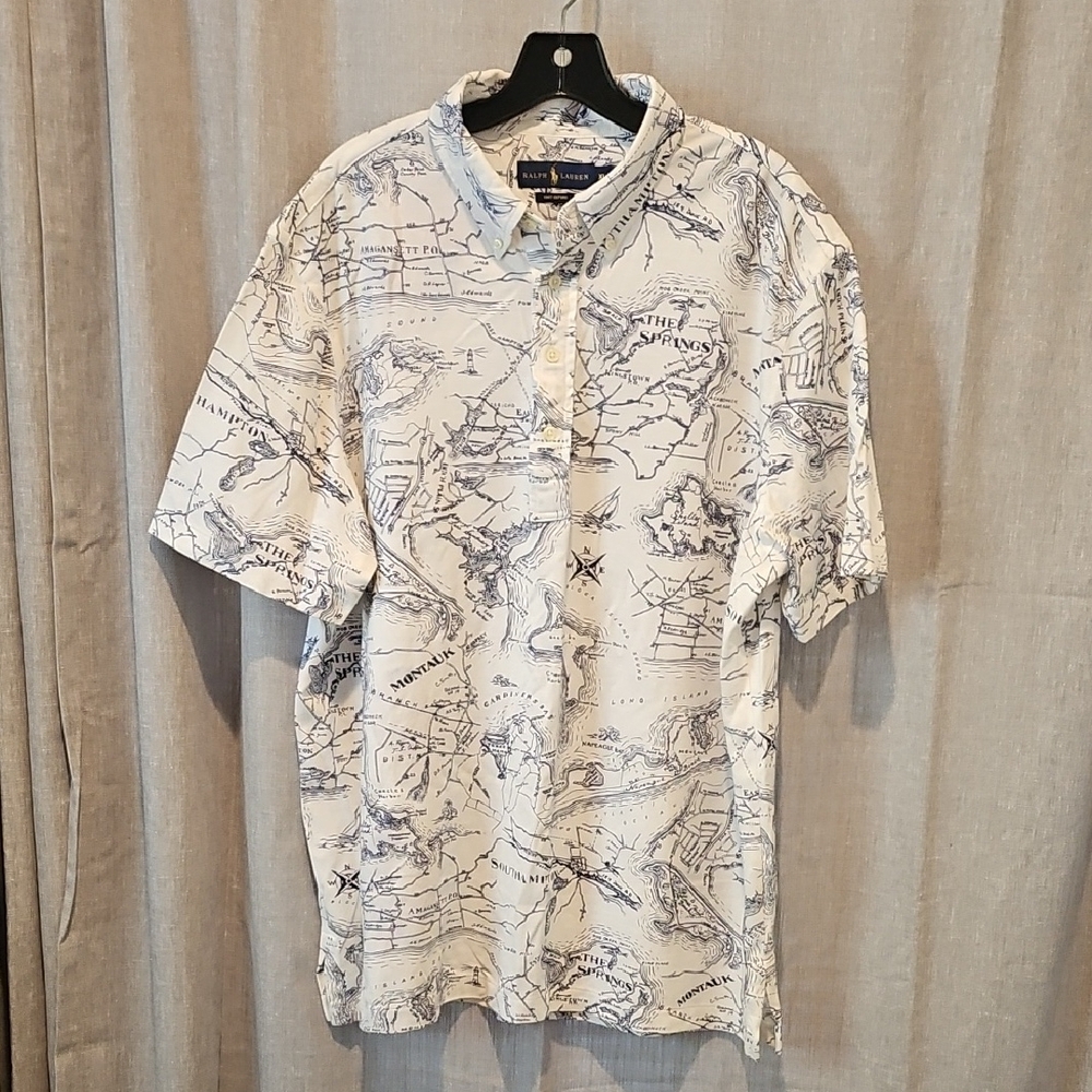 Ralph Lauren Mens Blue Label Knit Oxford Short Sleeve Map Print Polo Shirt